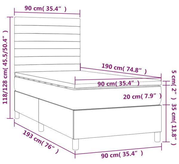 Krevet box spring s madracem LED svjetlosivi 90x190 cm tkanina - Siva / 90 x 190 cm