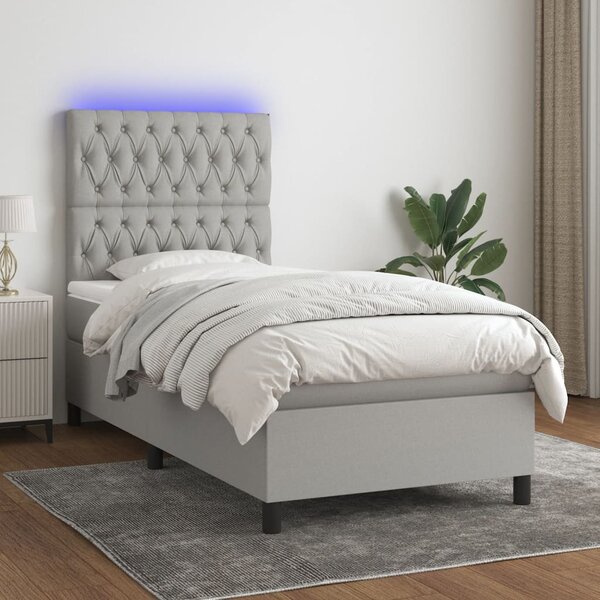 Krevet box spring s madracem LED svjetlosivi 90x190 cm tkanina - Siva / 90 x 190 cm