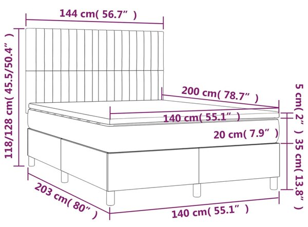 Krevet box spring s madracem LED svjetlosivi 140x200 cm tkanina - Siva / 140 x 200 cm