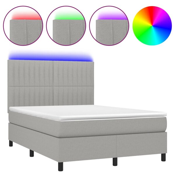 Krevet box spring s madracem LED svjetlosivi 140x200 cm tkanina - Siva / 140 x 200 cm