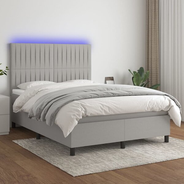 Krevet box spring s madracem LED svjetlosivi 140x200 cm tkanina - Siva / 140 x 200 cm