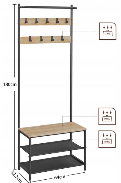 Metalni hodnički panel LOFT 180 cm, crna/dub sonoma