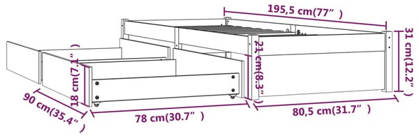 Okvir kreveta s ladicama bijeli 75 x 190 cm mali za jednu osobu - Bijela / 75 x 190 cm