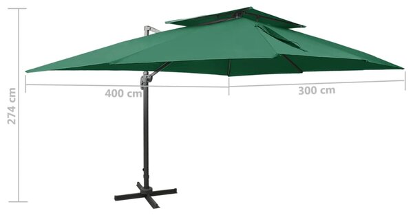 Konzolni vrtni suncobran s dvostrukim vrhom 400 x 300 cm zeleni - Zelena / 300 x 400 cm