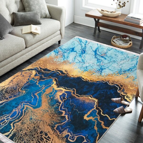 Plavi protuklizni tepih s apstraktnim uzorkom Širina: 80 cm | Duljina: 150 cm