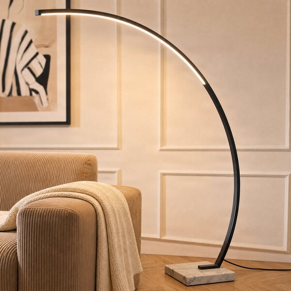 Lindby LED lučna podna lampa Kendra, crna, aluminij, visina 180cm, prigušiva, Crno, Dnevni boravak/blagovaonica, Metal