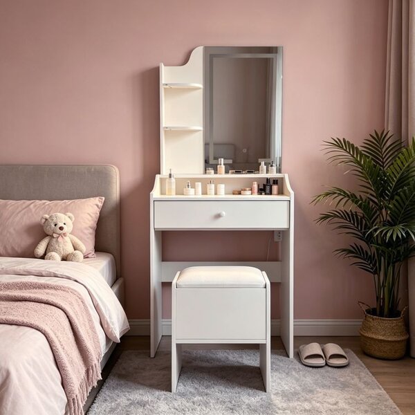 Toaletni stolić s LED ogledalom – tabure, ladica, 2 police