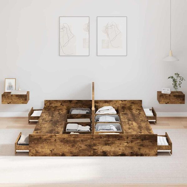Krevet s ladicama Dimljeni hrast 140 x 200 cm Konstruirano drvo - Smeđa / 140 x 200 cm