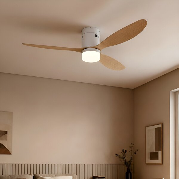 Lucande LED stropni ventilator Kayu, bijela/drvena, DC, 132 cm, Drvo, Dnevni boravak/blagovaonica, Plastika