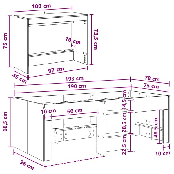 Krevet za djecu s visokim okvirom i stolom Bijela 75 x 190 cm - Bijela / 75 x 190 cm