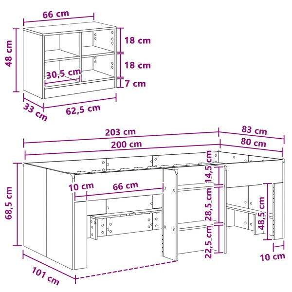 Loft krevet s ormarom s policom 3 pcs Bijela Konstruirano drvo - Bijela / 75 x 190 cm