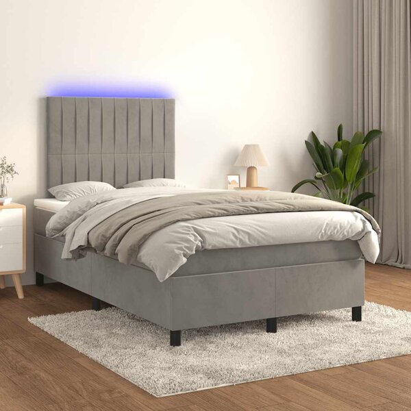 Krevet box spring s madracem LED svjetlosivi 120x190 cm tkanina - Siva / 120 x 190 cm