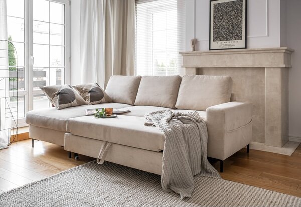 Bež sklopiva kutna garnitura od samta (s lijevim kutom) Lofty Lilly – Miuform