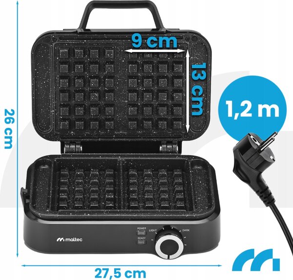 MalTec aparat za vafle od 1200 W – 2 velika vafla, podesiva temperatura, mramorna neprianjajuća površina