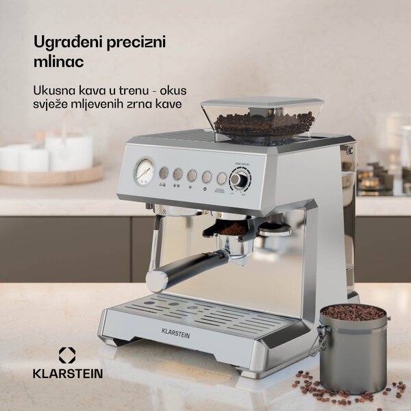 Klarstein GrandPresso aparat za kavu s polugom, precizni mlinac, mlaznica za paru, portafilter, indikator tlaka, 20 bara