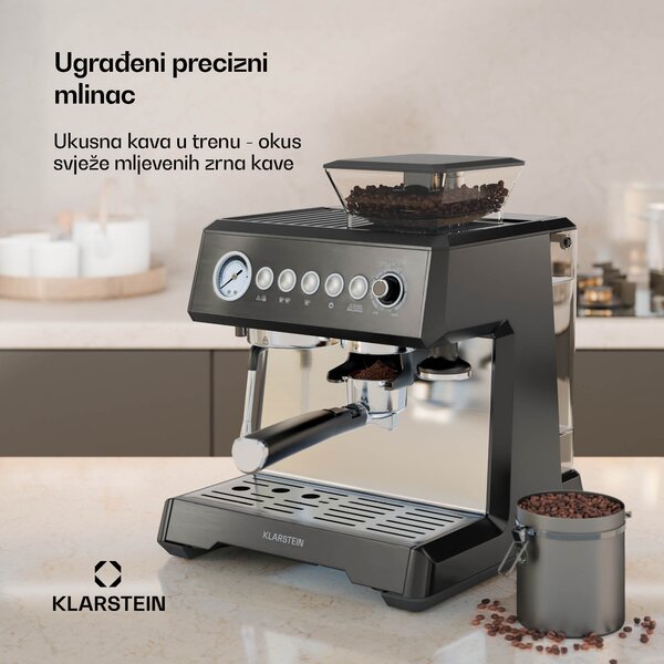 Klarstein GrandPresso aparat za kavu s polugom, precizni mlinac, mlaznica za paru, portafilter, indikator tlaka, 20 bara