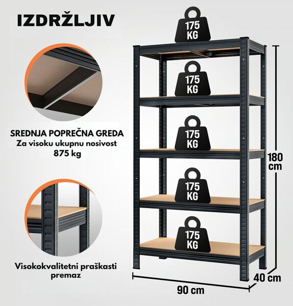 Regal s visokom nosivošću HEAVY, max. 875 kg, 90x40x180 cm, crna Jurhan