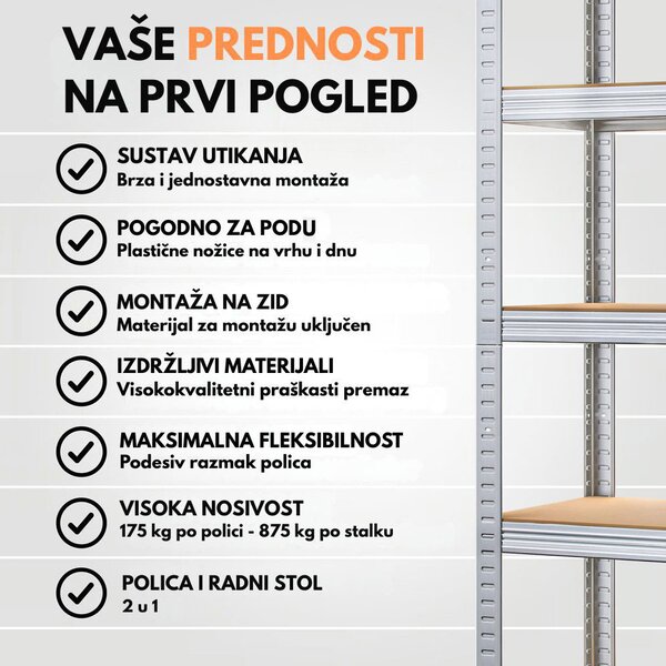 Regal s visokom nosivošću HEAVY, max. 875 kg, 90x40x180 cm, srebrni Jurhan