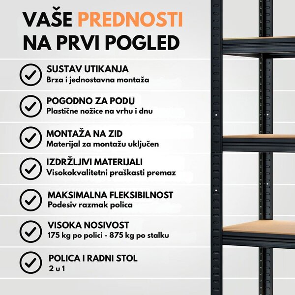 Regal s visokom nosivošću HEAVY, max. 875 kg, 90x40x180 cm, crna Jurhan