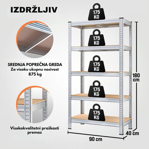 Regal s visokom nosivošću HEAVY, max. 875 kg, 90x40x180 cm, srebrni Jurhan