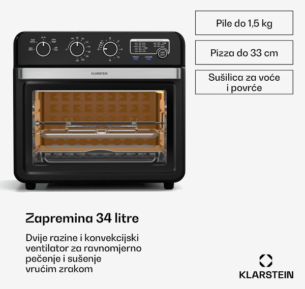 Klarstein Air Glaze friteza na vrući zrak, 2000 W, 34 litre, panoramski prozor, uključujući set pribora