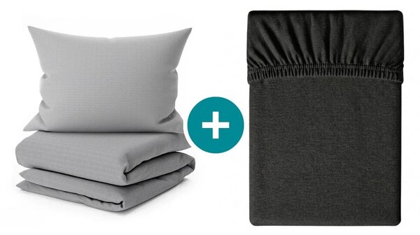 Set krep posteljine DENYX BLEND sivo, hotelski džep + Jersey plahta 90 x 200 cm tamno siva, za jednokrevetni krevet