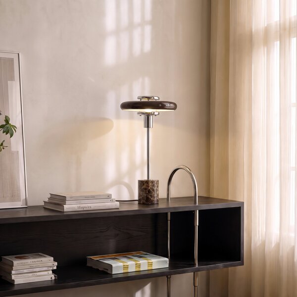 Lindby Branford stolna lampa, retro, smeđa, staklo/mramor, Smeđa / hrđa, Dnevni boravak/blagovaonica, Staklo