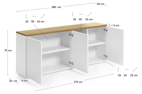 Bijela komoda u dekoru hrasta 180x75x36 cm Abilen – Kave Home