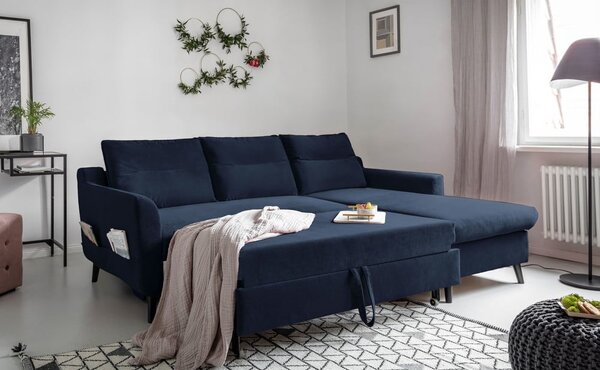 Tamnoplava baršunasta kutna garnitura na razvlačenje Miuform Stylish Stan, desni kut