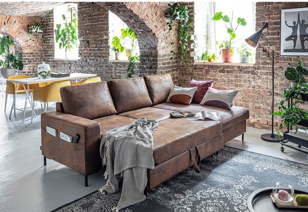 Smeđa kutna garnitura na razvlačenje od imitacije kože Miuform Lofty Lilly Vintage, desni kut