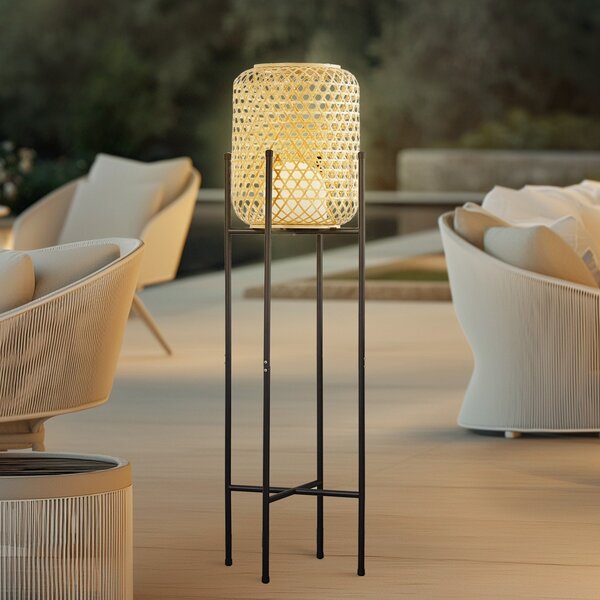 Lucande LED podna svjetiljka na baterije Adebi, crna, bambus, Ø32,5cm, prigušiva, Drvo, Bambus