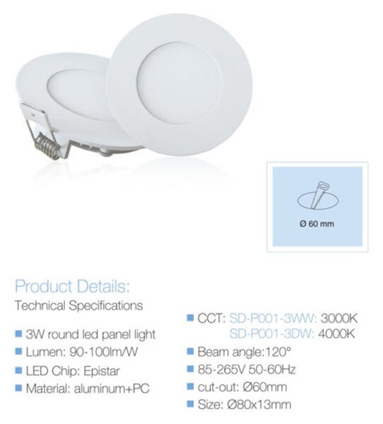 LED panel ugradbeni SD-P001-3WW/3DW - 3000K