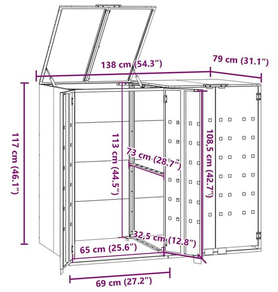 Spremište za kante za smeće - Spremište za 2 kante za otpad sivo 138x79x117 cm čelično - Siva 2 poklopac s plinskim podizanjem