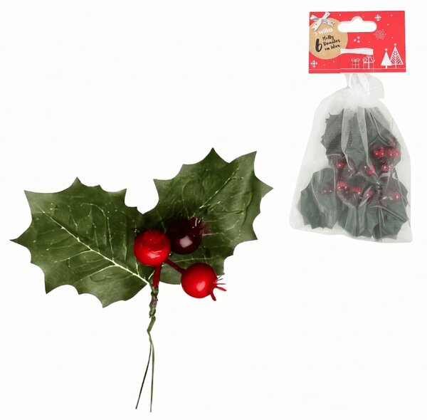 Božićni ukras na žici HOLLY LEAVES 13 cm 6 kom