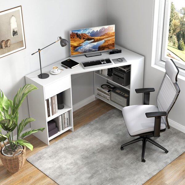Kutni stol u obliku slova L s ladicom i policama, moderni računalni stol, bijeli