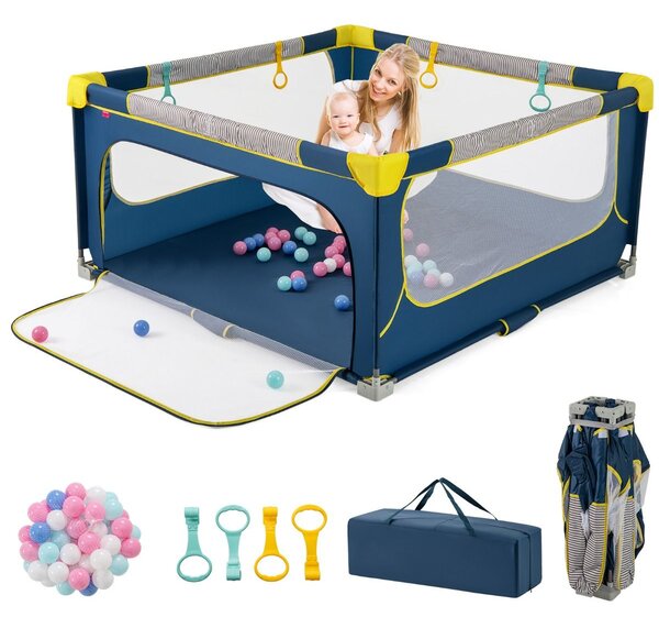 Sklopiva dječja ogradica za igru ​​150 x 150 cm s 50 loptica, 4 ručke i zatvaračem, svijetlo siva/plava