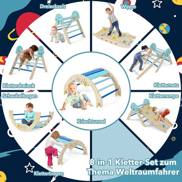 9 u 1 Montessori set za penjanje s lukom za penjanje, užetom za penjanje i ljestvama, drveni trokut za penjanje, plava