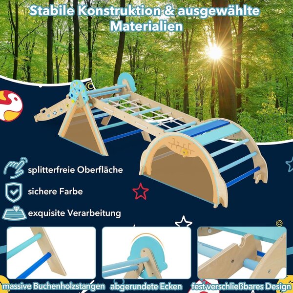 9 u 1 Montessori set za penjanje s lukom za penjanje, užetom za penjanje i ljestvama, drveni trokut za penjanje, plava