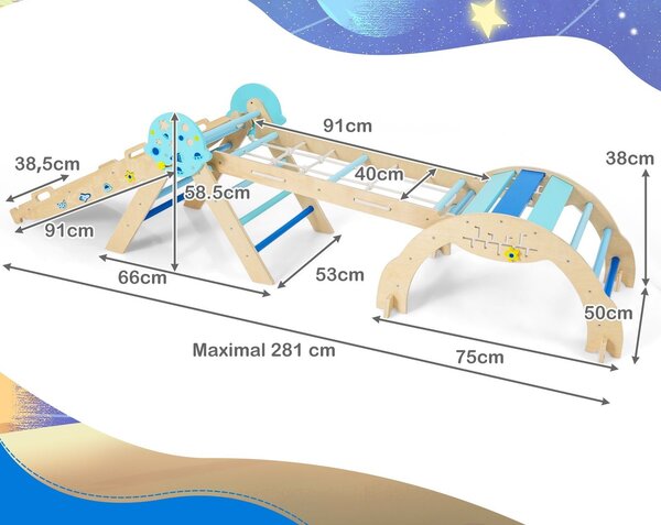 9 u 1 Montessori set za penjanje s lukom za penjanje, užetom za penjanje i ljestvama, drveni trokut za penjanje, plava
