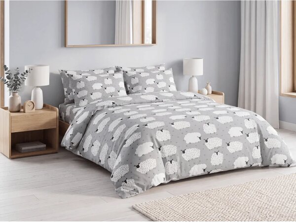 Set krep posteljine WHITE SHEEPS POLY sivo + plahta Jersey 90 x 200 cm siva, za jedan krevet