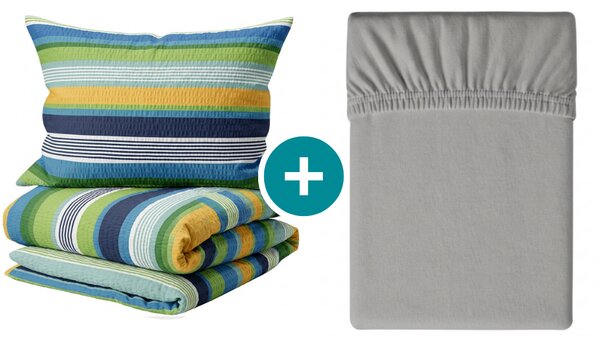 Set krep posteljine LINIE plave + Jerseyeva plahta 90 x 200 cm svijetlosiva, za jedan krevet