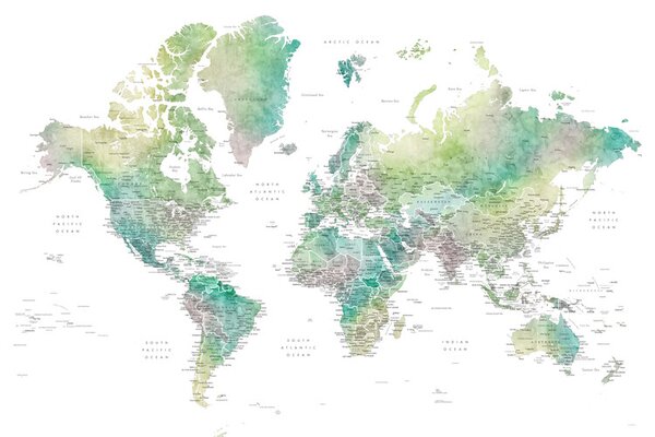 Karta Watercolor world map with cities in muted green, Oriole, Blursbyai