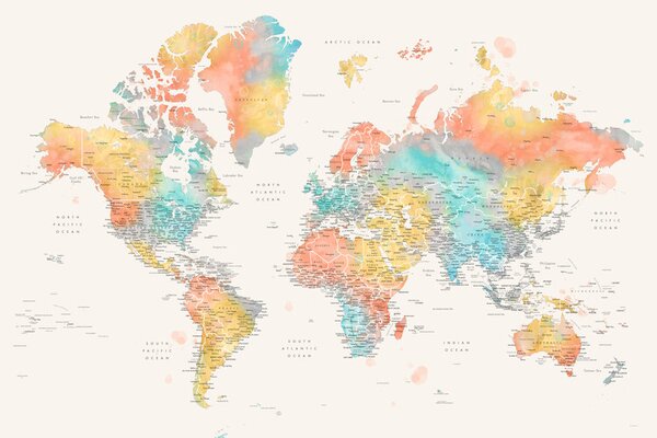Karta Detailed colorful watercolor world map, Fifi, Blursbyai