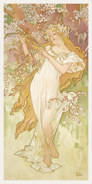 Reprodukcija The Seasons: Spring (Art Nouveau Portrait) - Alphonse Mucha