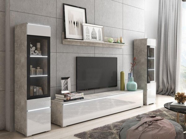 Set za dnevni boravak Selwyn II (beton + bijeli sjaj) (bijela led rasvjeta)