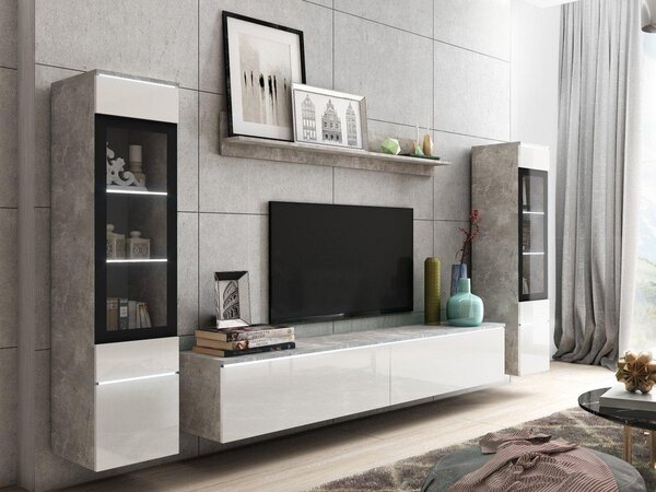 Set za dnevni boravak Selwyn II (beton + bijeli sjaj) (bijela led rasvjeta)