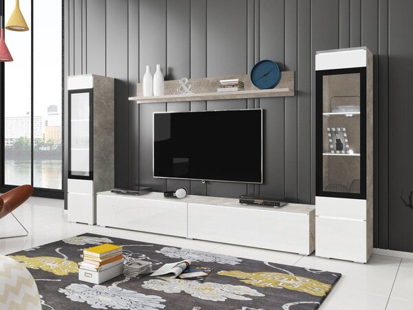 Set za dnevni boravak Selwyn II (beton + bijeli sjaj) (bijela led rasvjeta)