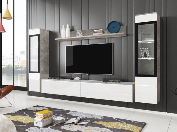 Set za dnevni boravak Selwyn II (beton + bijeli sjaj) (bijela led rasvjeta)