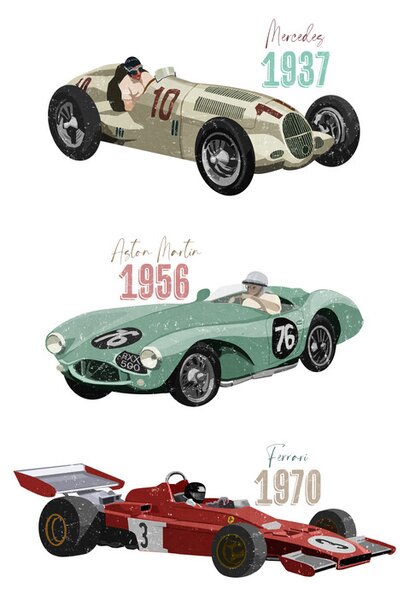 Ilustracija Vintage Racecars, Goed Blauw, (30 x 40 cm)