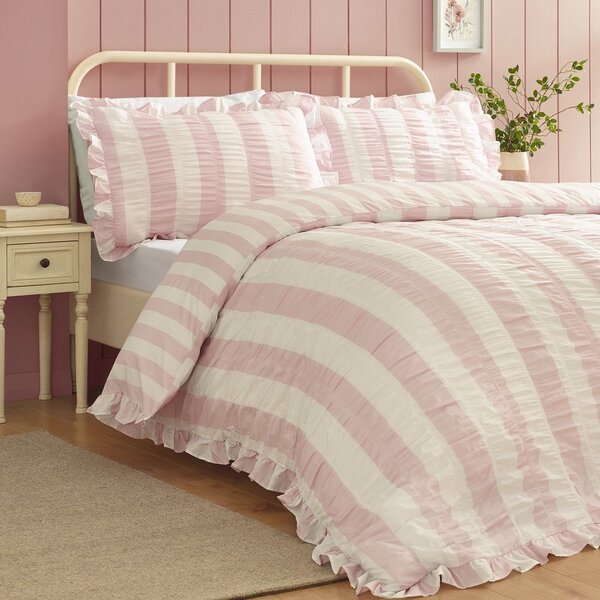 Ružičasta 3-dijelna posteljina za bračni krevet 200x200 cm Seersucker Frill Stripe – Catherine Lansfield